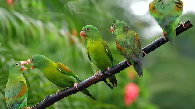orange-chinned parakeet, Brotogeris jugularis,on branch, quarrel, close 232,
