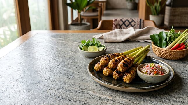 Professional sate lilit display of traditional Balinese skewers served with spicy sambal matah on a textured table.