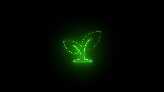 Glowing green neon icon of a small plant sprout growing, symbolizing environmental sustainability, ecological growth, and futuristic green technology concepts.