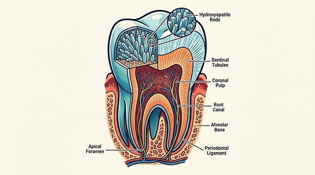 Cross section diagram of human tooth anatomy with scientific labels