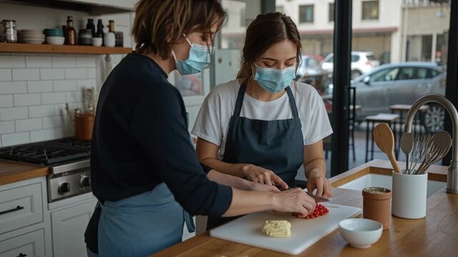 Listening cafe worker on right cutting behind counter after peer gesturing, with butter, aprons