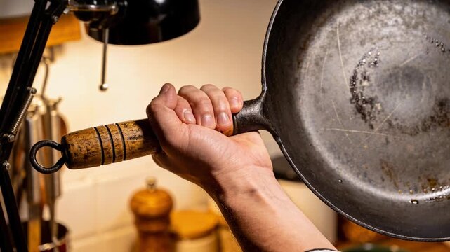 Reacting to lamp glow, hand tilting pan with wooden handle on kitchen counter checking residue