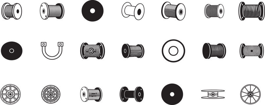 Cable spool and wire reel icon set with electrical coils, drums, rolls and industrial storage gear.
