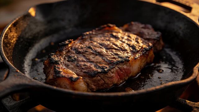 Sizzling steak resting in preheated cast-iron skillet, heat rendering fat and juices pooling