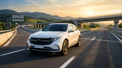 Obraz premium Modern White Electric SUV Driving on a Scenic Highway Bridge During a Golden Sunset with Mountains in the Background