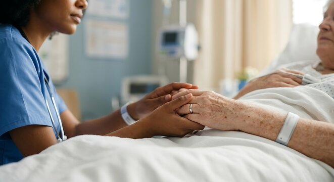 Healthcare professional comforting senior patient in hospital room