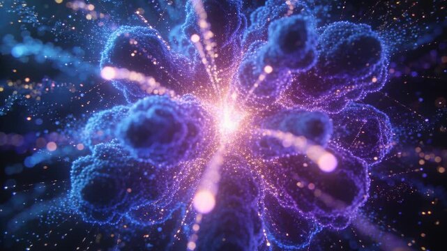 Expanding magenta-orange core pulsing and sending glowing beads along purple filaments in dark void