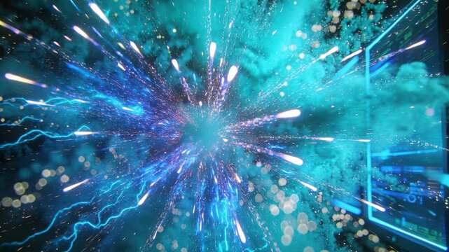 Expanding central teal plume sending electric streaks after core flash on dark set, right panels