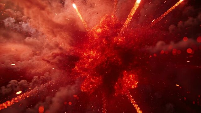 Expanding central fireball ignited at center, ejecting glowing embers, streaking debris dense smoke