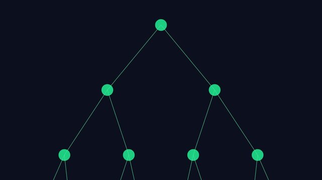 Animated binary tree data structure growth and network connection nodes animation 4k algorithm