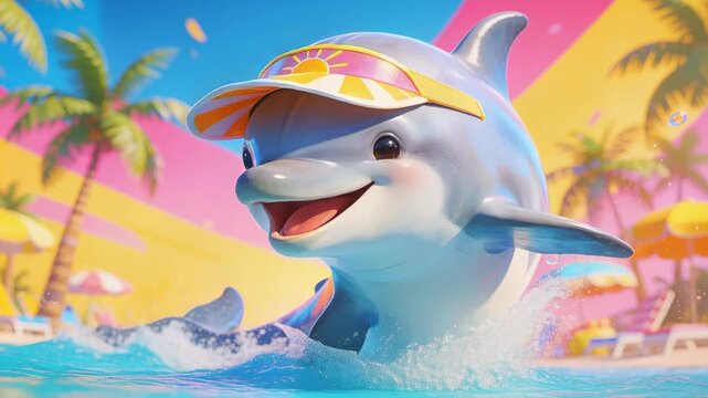 Leaping animated dolphin chasing spotted beach ball in shallow turquoise water, wearing sun visor