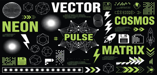 Naklejka premium Retro futuristic streetwear element, cyberpunk aesthetic decals. Sci-fi inscriptions or stickers, techwear label template, acid forms and symbols, minimalist high tech graphic design assets vector set