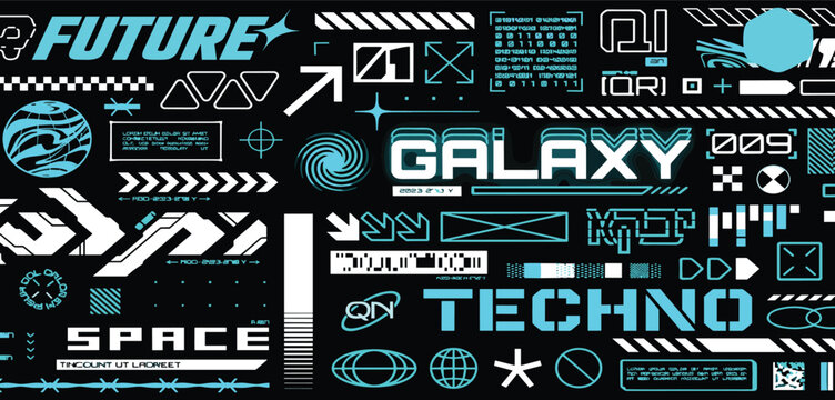 Retro futuristic streetwear element, cyberpunk aesthetic decals. Sci-fi inscriptions or stickers, techwear label template, acid forms and symbols, minimalist high tech graphic design assets vector set