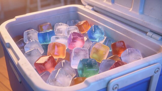 Pulling back, camera revealing foam cooler on patio to show colorful cubes, hinge and latch