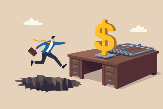 Financial money trap, risk in investment, scheme or business pitfall concept, businessman investor running and jumping into lore money pitfall mouse trap with big money dollar sign bait