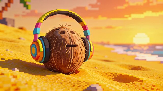 Sitting coconut wearing headphones, showing faint line while sunset casting glow over voxel beach