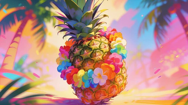 Breeze nudging pineapple wearing floral lei, rocking then righting toward center on sunlit sand