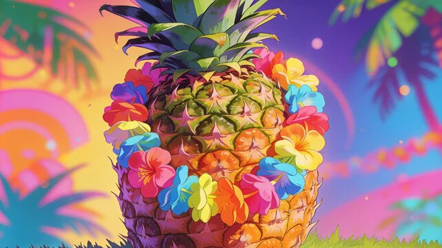 Panning camera down and zooming out after shot opening to reveal pineapple with lei, palms