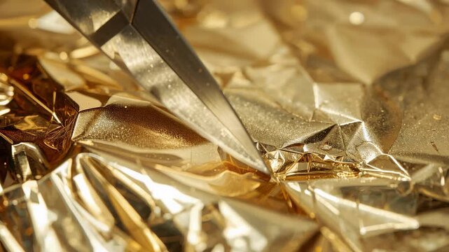 Touching fold, pressing sharp knife tip into crumpled gold foil in macro close-up, forming puncture