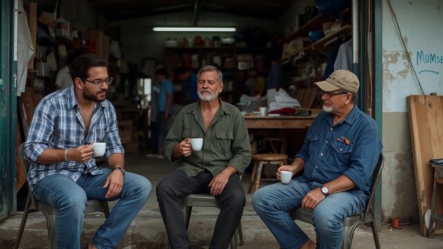 Taking break, three men in work-shirts and tan-cap sipping and glancing holding white cups at shop