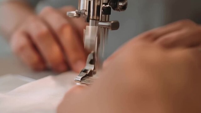 Guiding two pairs hands in light tops feeding folded white fabric under presser foot, forming seam