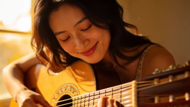 Playing woman in strap top picking, strumming guitar at window, sunlight arriving, rosette glowing