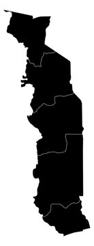 A contour map of Togo with region borders. Togolese administrative silhouette