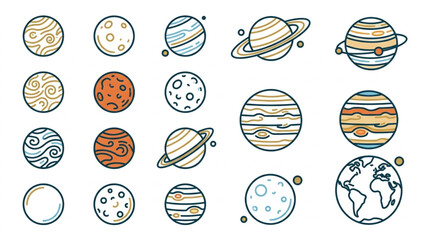 Colorful hand drawn planets and moons illustration set. © jamil