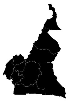A contour map of Cameroon with province borders. Cameroonian administrative silhouette