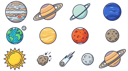 Fototapeta premium Colorful Hand Drawn Planets and Space Objects Illustration.