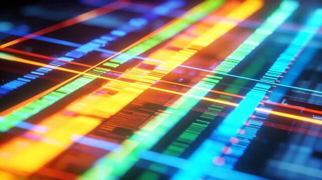 Gliding camera showing cyan and yellow-orange data bars pulsing across grid, visualizing data