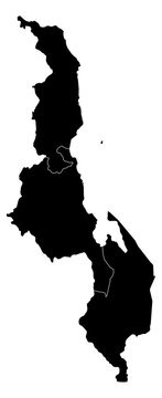 A contour map of Malawi with region borders. Malawian administrative silhouette