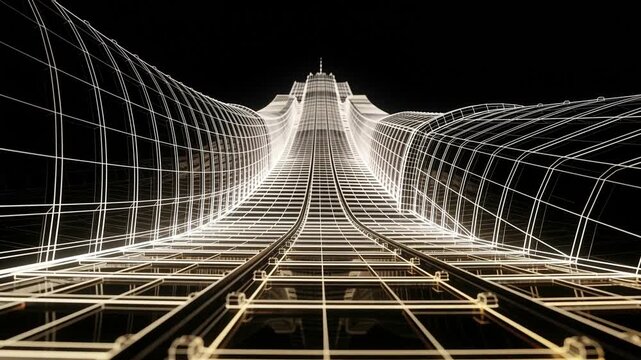 Starting camera advancing and tilting upward from base toward bright spire through glowing rails