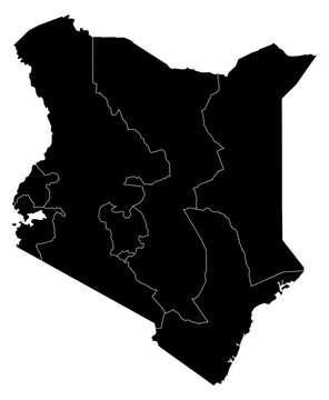 A contour map of Kenya with province borders. Kenyan administrative silhouette