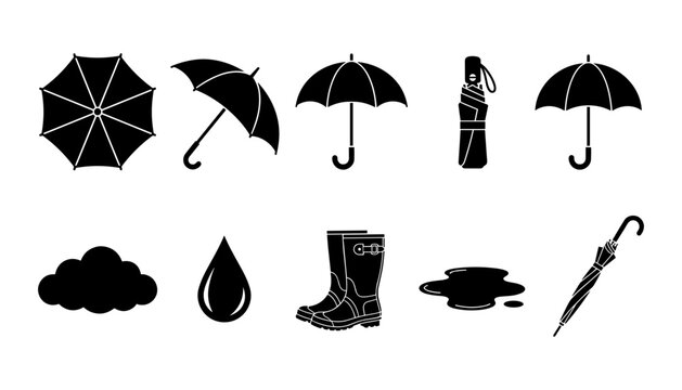 Umbrella Icon Set Showing Rain Protection and Travel Accessories, Including Umbrella, Boots, Bottle, and Weather Symbols