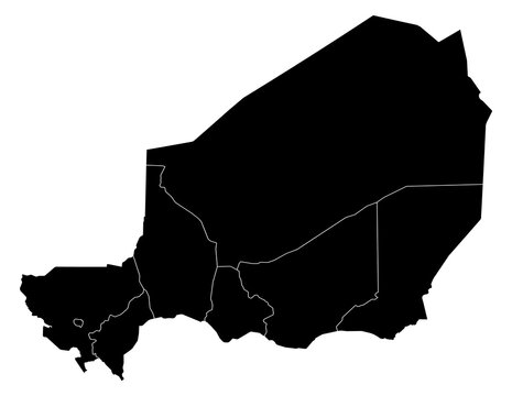 A contour map of Niger with administrative borders. Nigerien administrative silhouette
