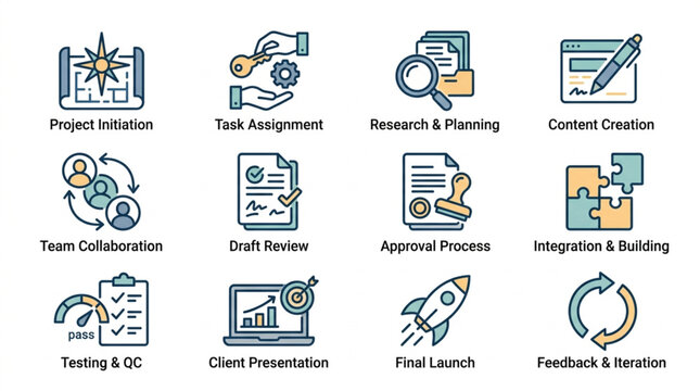 Colorful icons representing project management workflow stages.