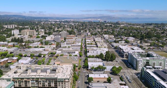 San Mateo California - Aerial View of Downtown Facing North During Daytime with SFO and Fog in Distance