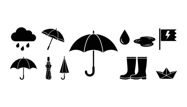 Umbrella Set Icon Design with Weather Elements Like Rain, Cloud, Lightning and Boots for Seasonal Forecasts Concept