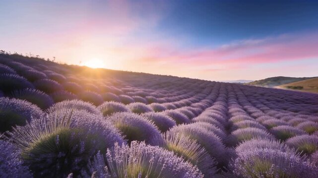 Pulling back, camera revealing lavender field on farm at low sun, showing sweeping rows