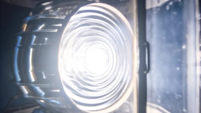 Moving camera showing lantern on tower, Fresnel lens casting beam guiding ships in fog, copy space