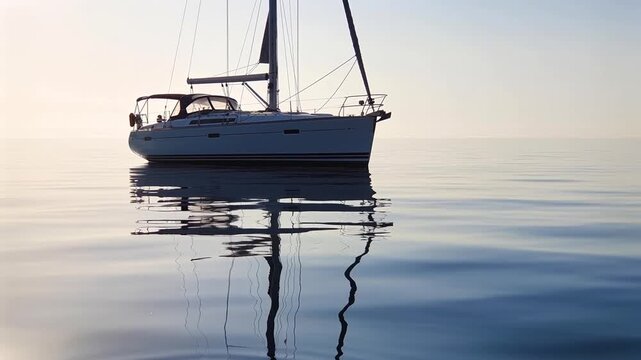 White yacht sitting in calm sea, ripples distorting mast reflection, dark-clad person shifting