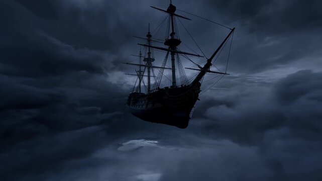 Gliding 3-masted ship descending into clouds, sun piercing gaps, rigging visible