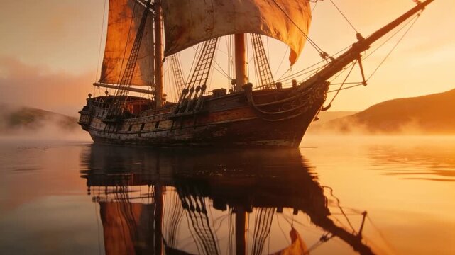 Gentle breeze nudging wooden square-rigged ship drifting in calm bay, sails and reflection rippling