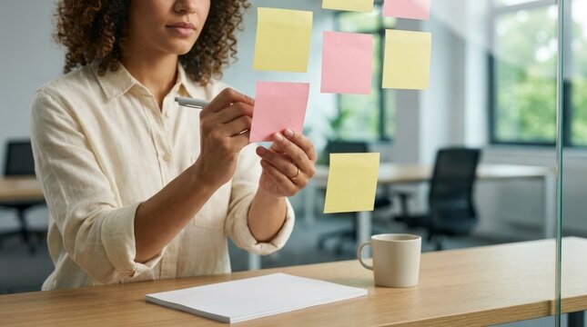 Young woman brainstorming with sticky notes on a glass wall in a modern office.
