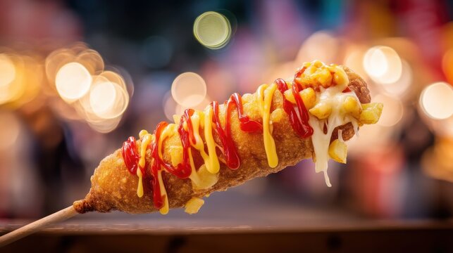 crispy Korean corn dog coated with golden panko and diced potatoes, mozzarella cheese stretching dramatically, ketchup and mustard drizzled