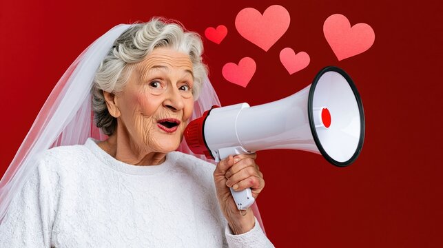 Happy elderly woman in wedding veil holding megaphone