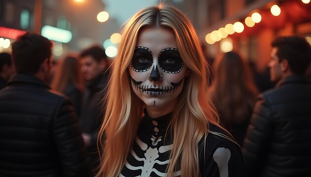  A young Caucasian woman wearing a skeleton costume and face paint, surrounded by a crowd of people at what appears to be a halloween party or celebration, created with generative ai