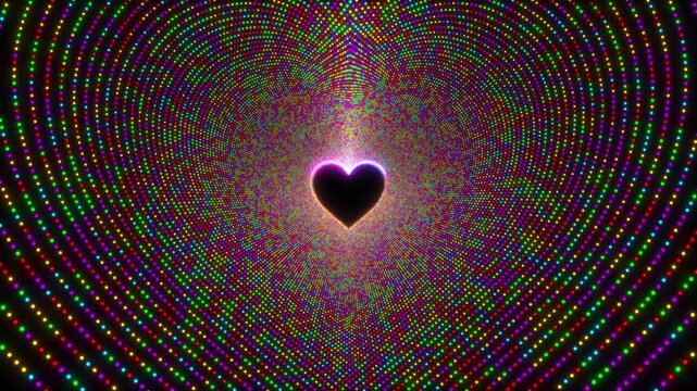 Colorful heart tunnel rainbow dotted lights, glowing center heart, and radiant romantic depth. love videos, wedding intros, Valentine reels, celebration clips, party visuals, music festive overlays.