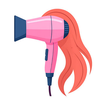 Pink hair dryer blowing coral colored hair, isolated illustration for beauty salon and hairstyling concepts